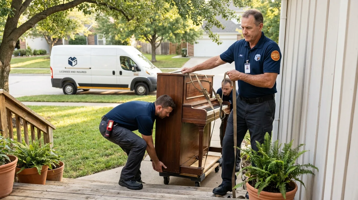 Licensed piano movers securing grand piano in Solon, OH