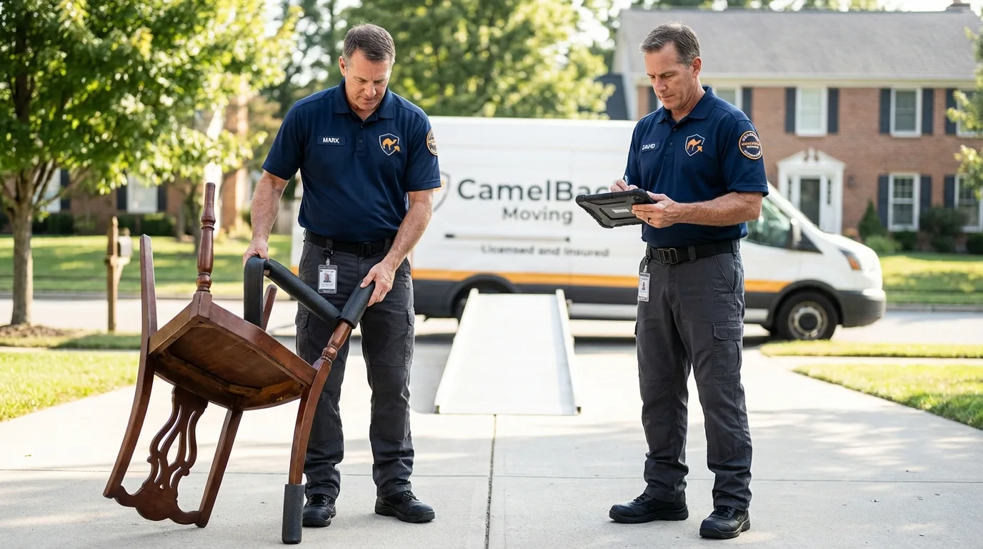 Movers inspecting furniture for damage prevention before loading in Solon, OH